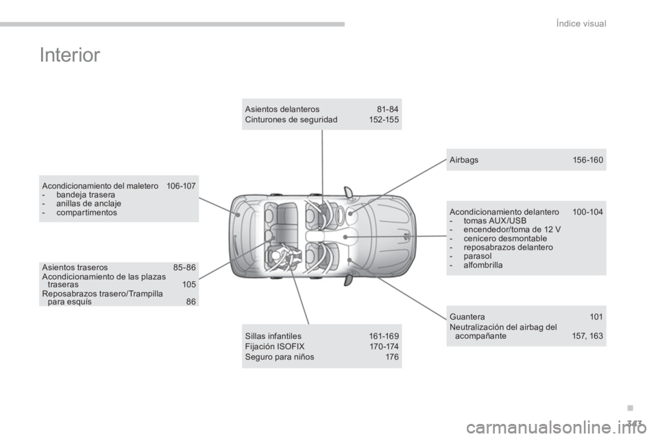 PEUGEOT 4008 2014  Manual del propietario (in Spanish) .
343
Índice visual
  Interior  
 
 
Acondicionamiento del maletero  106-107  
 
 
-  bandeja trasera 
   
-   anillas de anclaje 
   
-  compartimentos  
 
   
Sillas infantiles  161-169 
  Fi j a c
