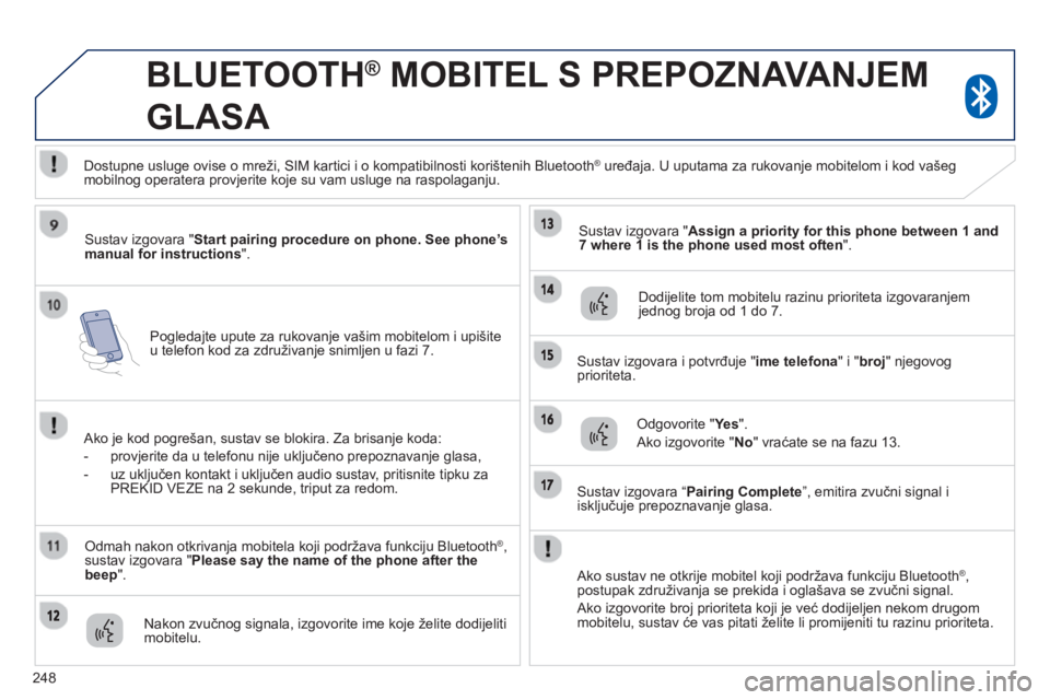 PEUGEOT 4008 2014 Upute Za Rukovanje (in Croatian) 248
Pogledajte upute za rukovanje vašim mobitelom i upišite
u telefon kod za združivanje snimljen u fazi 7.
BLUETOOTH ®
MOBITEL S PREPOZNAVANJEM
GLASA
Sustav izgovara " St PEUGEOT 4008 2014 Upute Za Rukovanje (in Croatian) 248
Pogledajte upute za rukovanje vašim mobitelom i upišite
u telefon kod za združivanje snimljen u fazi 7.
BLUETOOTH ®
MOBITEL S PREPOZNAVANJEM
GLASA
Sustav izgovara " St