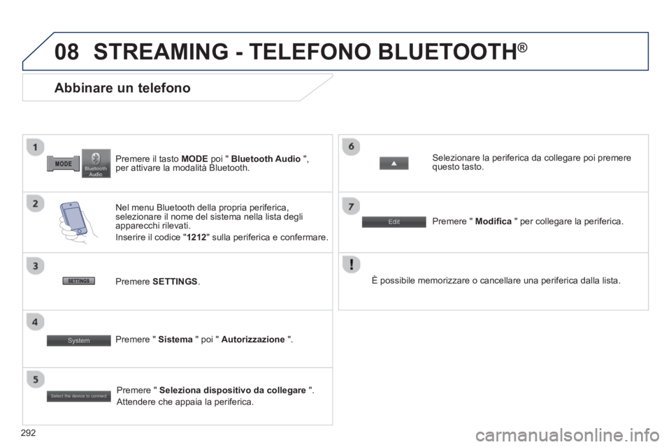PEUGEOT 4008 2014  Manuale duso (in Italian) 292
08
   
Premere il tasto  MODE 
 poi "  Bluetooth Audio 
 ", 
per attivare la modalità Bluetooth.  
 
 
 
 
 
 
 
 
 
 
Abbinare un telefono 
 
 
Nel menu Bluetooth della propria periferica, 
sele