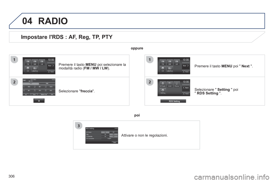 PEUGEOT 4008 2014  Manuale duso (in Italian) 306
04
   
 
 
 
 
 
 
 
 
 
 
 
Impostare lRDS : AF, Reg, TP, PTY 
 
 
Selezionare " freccia 
".     
Selezionare "  Setting 
 " poi 
"  RDS Setting 
 ".      
Premere il tasto  MENU 
 poi "  Next 
