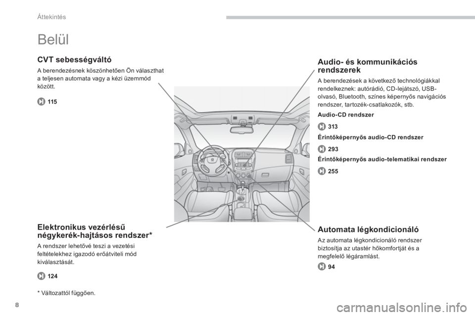 PEUGEOT 4008 2014  Kezelési útmutató (in Hungarian) 8
Áttekintés
  Belül  
 
 
Elektronikus vezérlésű 
négykerék-hajtásos rendszer *  
 
A rendszer lehetővé teszi a vezetési 
feltételekhez igazodó erőátviteli mód 
kiválasztását.  
 