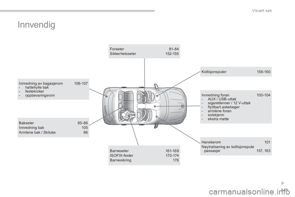 PEUGEOT 4008 2014  Instruksjoner for bruk (in Norwegian) .
343
Visuelt søk
  Innvendig  
 
 
Innredning av bagasjerom   106 -107 
   
 
-  hattehylle bak 
   
-  festekroker 
   
-  oppbevaringsrom  
 
   
Barneseter   161-169 
  I S O FI X- f e s te r   1
