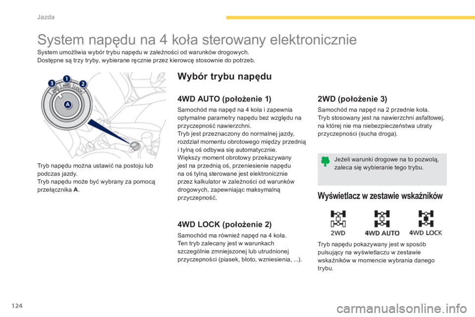 PEUGEOT 4008 2014 Instrukcja obsługi (in Polish) 124
Jazda
System napędu na 4 koła sterowany elektronicznie
System umożliwia wybór trybu napędu w zależności od warunków drogowych.
Dostępne są trzy tryby, wybierane ręczni PEUGEOT 4008 2014 Instrukcja obsługi (in Polish) 124
Jazda
System napędu na 4 koła sterowany elektronicznie
System umożliwia wybór trybu napędu w zależności od warunków drogowych.
Dostępne są trzy tryby, wybierane ręczni