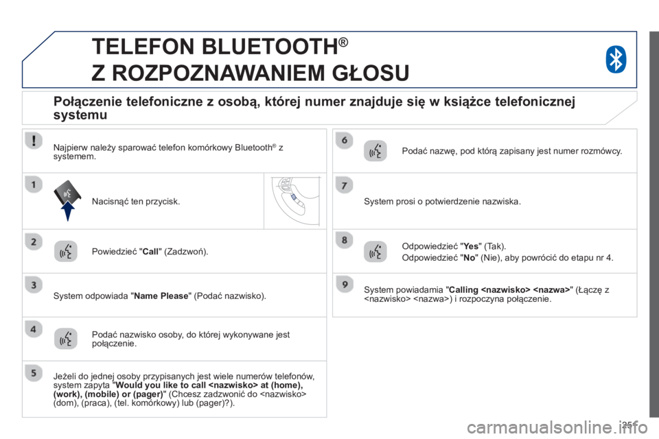 PEUGEOT 4008 2014  Instrukcja obsługi (in Polish) 251
   
 
 
 
TELEFON BLUETOOTH ® 
 
Z ROZPOZNAWANIEM GŁOSU 
 
 
Powiedzieć " Call 
" (Zadzwoń).  
   
System odpowiada " Name Please 
" (Podać nazwisko).  
 
 
 
 
 
 
 
 
 
 
Połączenie telef