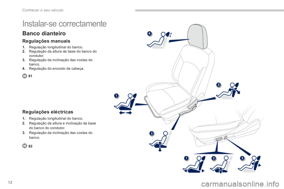 PEUGEOT 4008 2014  Manual de utilização (in Portuguese) 12
Conhecer o seu veículo
  Instalar-se correctamente 
 
 
Banco dianteiro 
 
 
Regulações manuais 
 
 
 
1. 
  Regulação longitudinal do banco. 
   
2. 
  Regulação da altura da base do banco 
