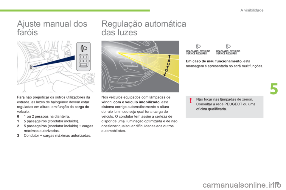PEUGEOT 4008 2014  Manual de utilização (in Portuguese) 139
5
A visibilidade
   
Para não prejudicar os outros utilizadores da 
estrada, as luzes de halogéneo devem estar 
reguladas em altura, em função da carga do 
veículo. 
   
0 
  1 ou 2 pessoas n