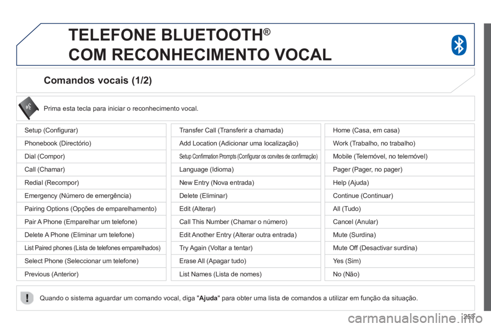 PEUGEOT 4008 2014 Manual de utilização (in Portuguese) 253
Comandos vocais (1/2)
Setup (Confi gurar)
Phonebook (Directório)
Dial (Compor)
Call (Chamar)
Redial (Recompor)
Emergency (Número de emergência)
Pairing PEUGEOT 4008 2014 Manual de utilização (in Portuguese) 253
Comandos vocais (1/2)
Setup (Confi gurar)
Phonebook (Directório)
Dial (Compor)
Call (Chamar)
Redial (Recompor)
Emergency (Número de emergência)
Pairing
