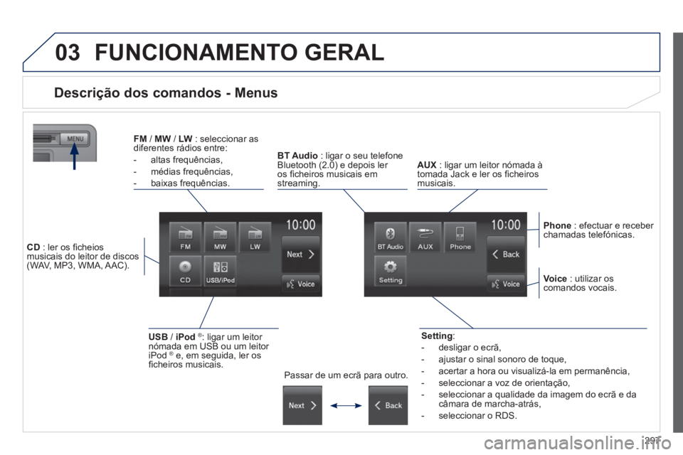 PEUGEOT 4008 2014  Manual de utilização (in Portuguese) 297
03  FUNCIONAMENTO GERAL 
 
 
 
 
 
 
 
 
 
 
 
 
 
Descrição dos comandos - Menus 
 
 
Setting: 
   
 
-   desligar o ecrã, 
   
-   ajustar o sinal sonoro de toque, 
   
-   acertar a hora ou 
