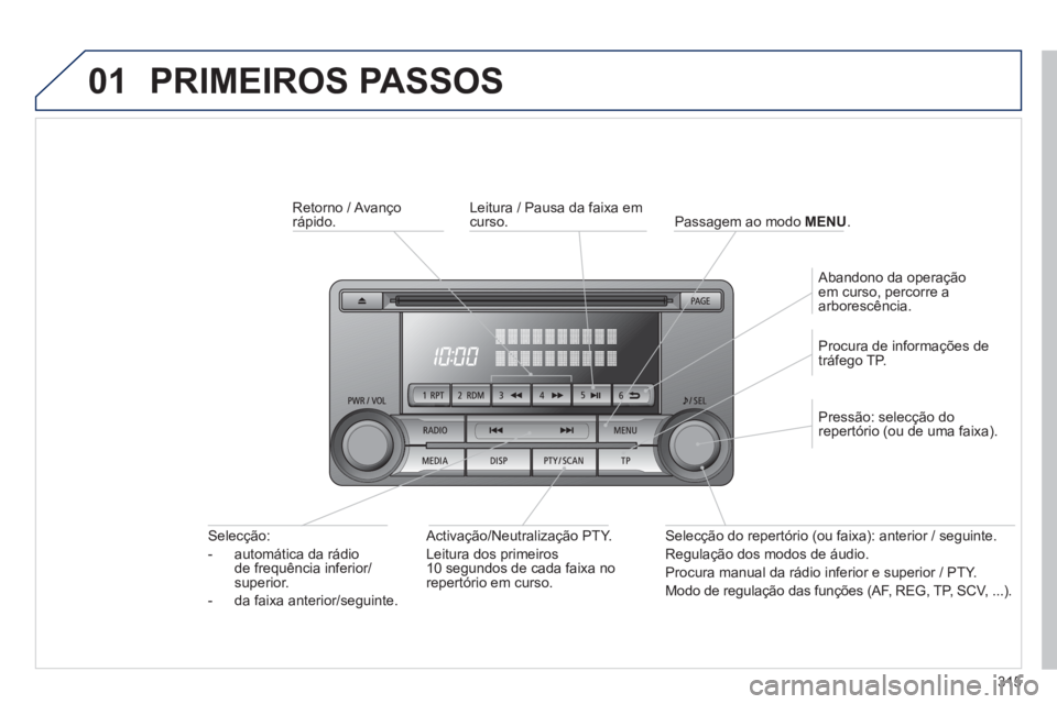PEUGEOT 4008 2014  Manual de utilização (in Portuguese) 315
01  PRIMEIROS PASSOS 
 
 
Retorno / Avanço 
rápido.  
   
Activação/Neutralização PTY. 
  Leitura dos primeiros 
10 segundos de cada faixa no 
repertório em curso.      
Selecção: 
   
 
