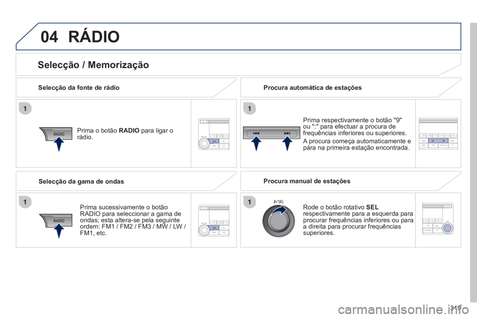 PEUGEOT 4008 2014  Manual de utilização (in Portuguese) 319
04  RÁDIO 
 
 
Selecção da fonte de rádio  
   
Prima o botão RADIO para ligar o 
rádio.  
   
Prima sucessivamente o botão 
RADIO para seleccionar a gama de 
ondas; esta altera-se pela seg