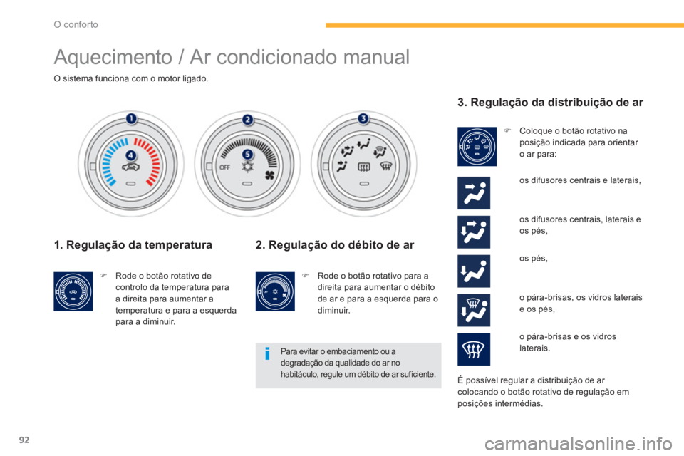 PEUGEOT 4008 2014  Manual de utilização (in Portuguese) 92
O conforto
  Aquecimento / Ar condicionado manual 
 
 
 
 
 
 
 
 
 
 
 
 
O sistema funciona com o motor ligado.  
 
 
 
1. Regulação da temperatura 
 
 
 
�) 
  Rode o botão rotativo de 
contr