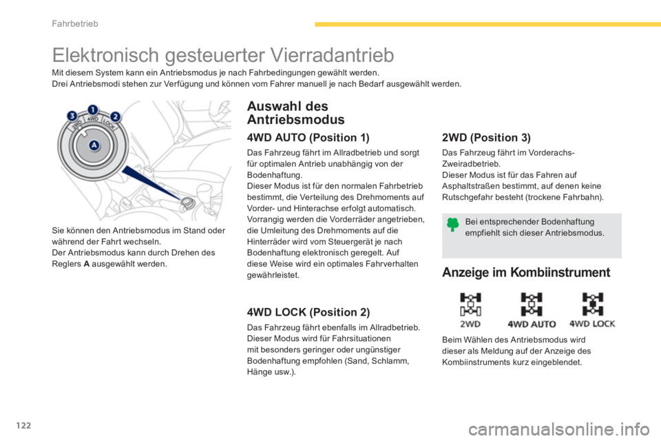 PEUGEOT 4008 2012 Betriebsanleitungen (in German) 122
Fahrbetrieb
Elektronisch gesteuerter Vierradantrieb
Mit diesem System kann ein Antriebsmodus je nach Fahrbedingungen gewählt werden.
Drei Antriebsmodi stehen zur Verfügung und kön PEUGEOT 4008 2012 Betriebsanleitungen (in German) 122
Fahrbetrieb
Elektronisch gesteuerter Vierradantrieb
Mit diesem System kann ein Antriebsmodus je nach Fahrbedingungen gewählt werden.
Drei Antriebsmodi stehen zur Verfügung und kön