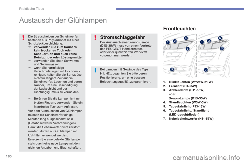 PEUGEOT 4008 2012  Betriebsanleitungen (in German) 180
Praktische Tipps
   
 
 
 
 
 
 
 
 
Austausch der Glühlampen 
Bei Lampen mit Gewinde des Typs H1, H7... beachten Sie bitte derenPositionierung, um eine bessere Beleuchtungsqualität zu garantier