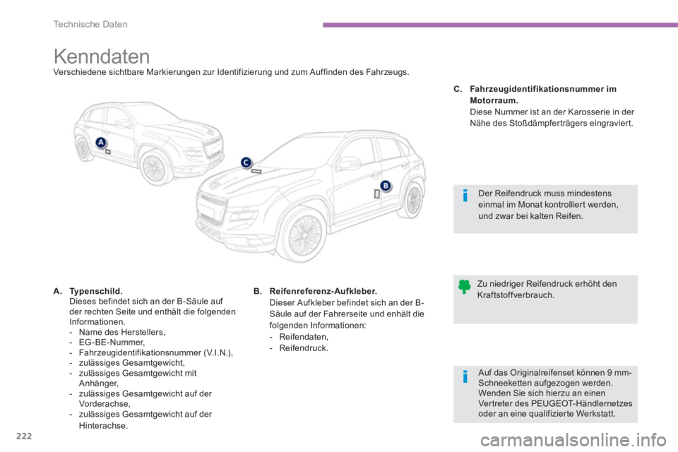 PEUGEOT 4008 2012 Betriebsanleitungen (in German) 222
Technische Daten
Kenndaten Verschiedene sichtbare Markierungen zur Identifizierung und zum Auffinden des Fahrzeugs.
A.Typenschild.Dieses befindet sich a PEUGEOT 4008 2012 Betriebsanleitungen (in German) 222
Technische Daten
Kenndaten Verschiedene sichtbare Markierungen zur Identifizierung und zum Auffinden des Fahrzeugs.
A.Typenschild.Dieses befindet sich a