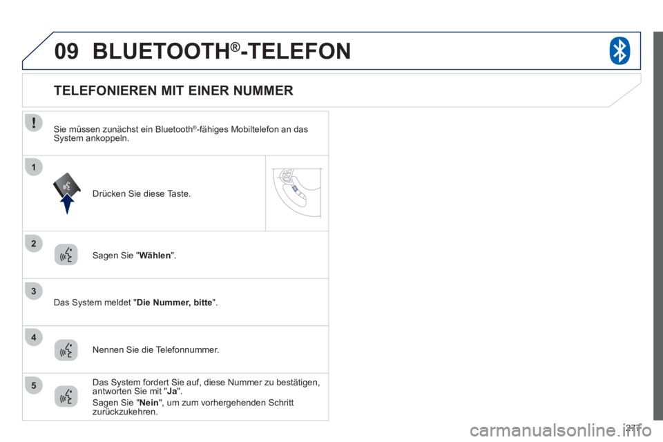 PEUGEOT 4008 2012  Betriebsanleitungen (in German) 277
09
2
3
1
4
5
BLUETOOTH®  -TELEFON®
Sagen Sie "Wählen".
   
Das 
System meldet " Die Nummer, bitte 
".  
 
 
 
 
 
 
 
 
 
 
 
 
 
 
 
 
 
 
 
 
 
 
TELEFONIEREN MIT EINER NUMMER 
Nennen Sie die