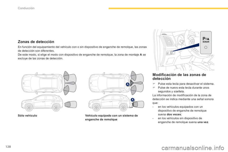 PEUGEOT 4008 2012  Manual del propietario (in Spanish) 128
Conducción
Sólo vehículoVehículo equipado con un sistema de enganche de remolque
   
Modificación de las zonas de detección 
�)Pulse esta tecla para desactivar el sistema.�)Pulse de nuevo es