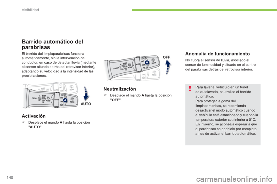 PEUGEOT 4008 2012  Manual del propietario (in Spanish) 140
Visibilidad
Barrido automático del 
parabrisas 
El barrido del limpiaparabrisas funciona automáticamente, sin la inter vención delconductor, en caso de detectar lluvia (mediante el sensor situa