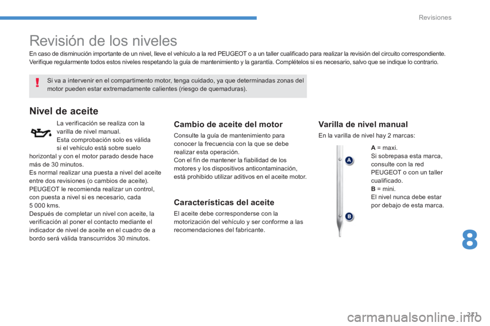 PEUGEOT 4008 2012  Manual del propietario (in Spanish) 211
8
Revisiones
   
 
 
 
 
 
Revisión de los niveles  
 
 
Si va a intervenir en el compartimento motor, tenga cuidado, ya que determinadas zonas delmotor pueden estar extremadamente calientes (rie