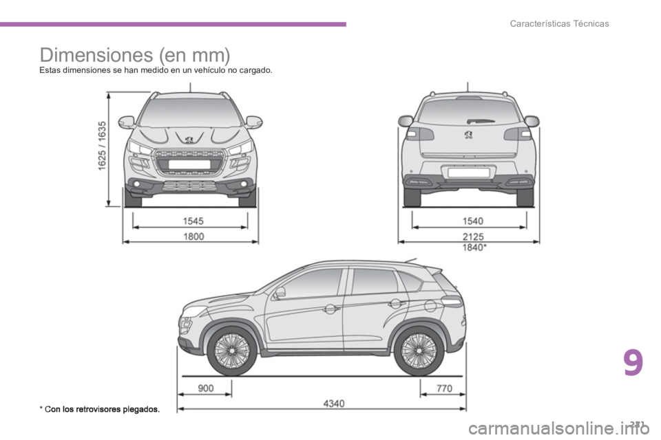 PEUGEOT 4008 2012  Manual del propietario (in Spanish) 9
221
Características Técnicas
   
 
 
 
Dimensiones (en mm)  
Estas dimensiones se han medido en un vehículo no cargado.
* C 