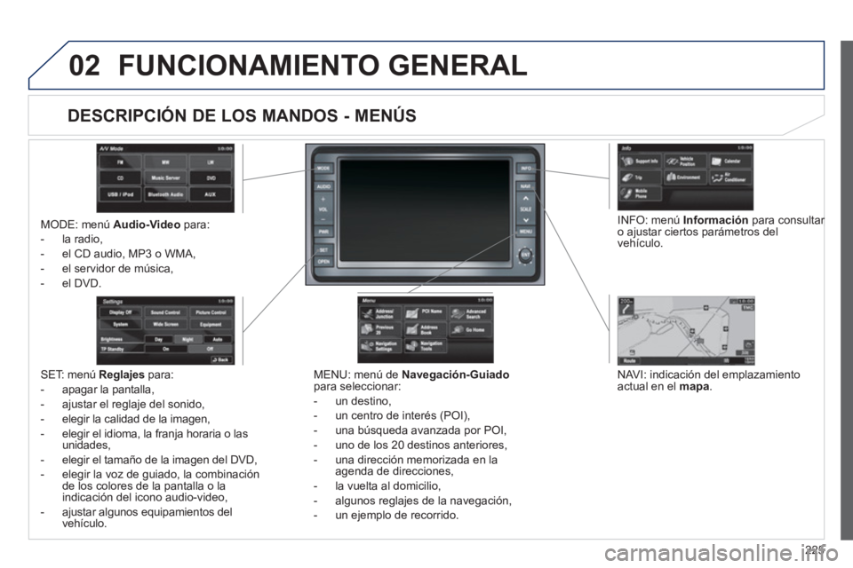 PEUGEOT 4008 2012  Manual del propietario (in Spanish) 225
02FUNCIONAMIENTO GENERAL 
MODE: menú  Audio-Videopara: 
-  la radio, 
-  el 
CD audio, MP3 o WMA, 
-   el servidor de música, 
-  
el DVD.  
 
MEN
U: menú de  Navegación-Guiadopara seleccionar