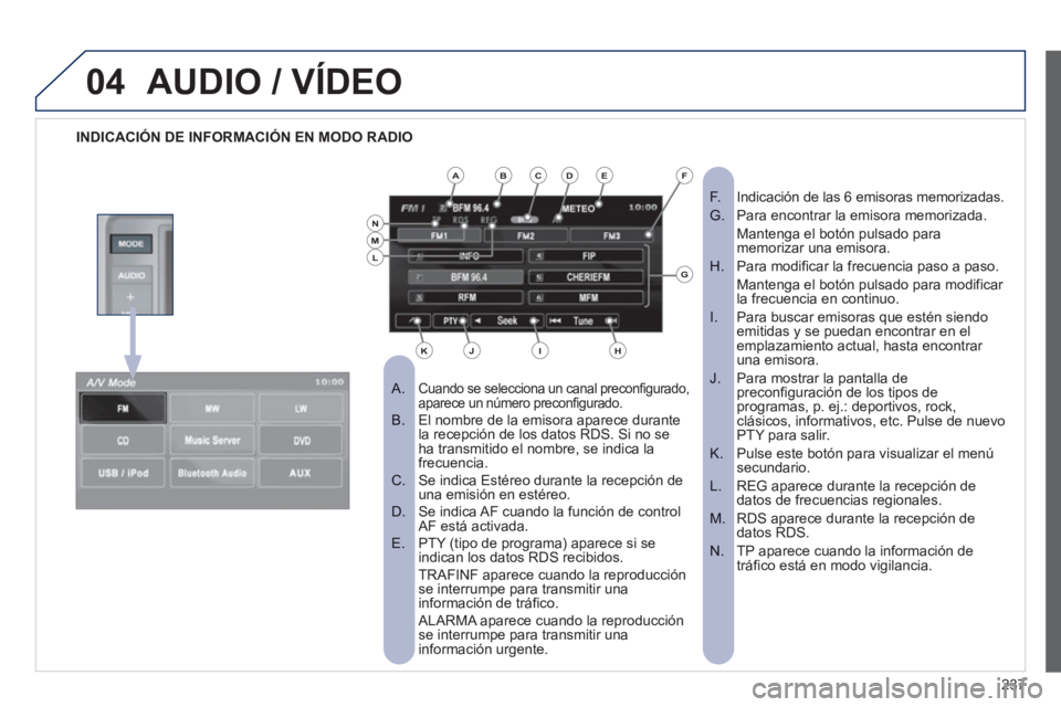 PEUGEOT 4008 2012  Manual del propietario (in Spanish) 237
04AUDIO / VÍDEO
INDICACIÓN DE INFORMACIÓN EN MODO RADIO
   
 
 
A.Cuando se selecciona un canal preconfigurado, aparece un número preconfigurado.El nombre de la emisora aparece durante 
 
B.  