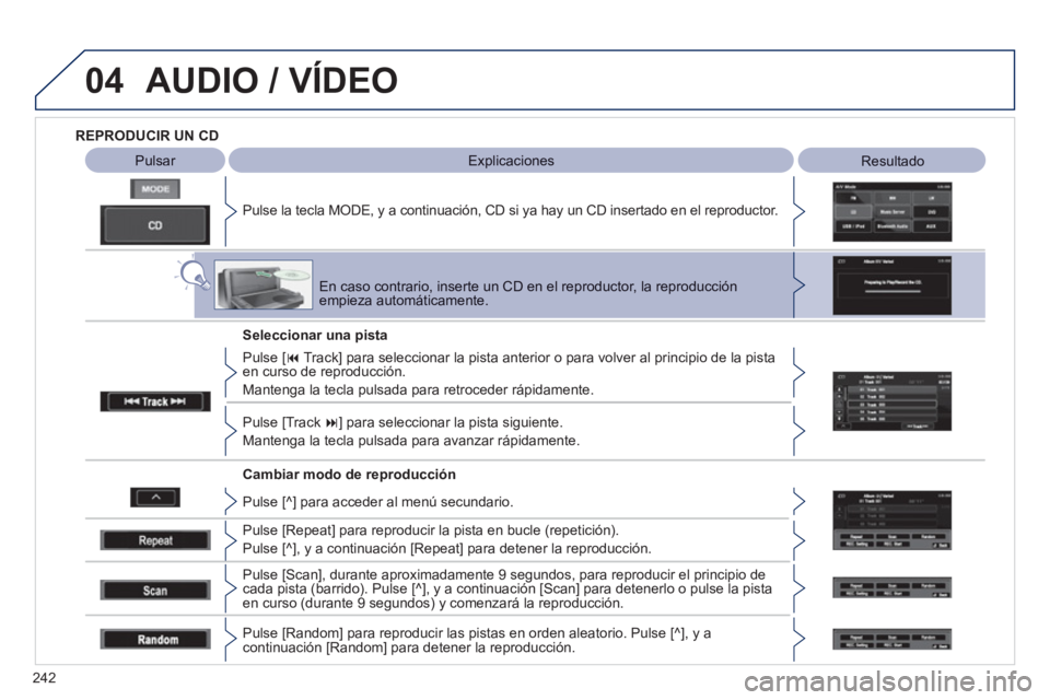 PEUGEOT 4008 2012  Manual del propietario (in Spanish) 242
04  AUDIO / VÍDEO
REPRODUCIR UN CD
   
Pulse la tecla M
ODE, y a continuación, CD si ya hay un CD insertado en el reproductor.  
Pulsar   
 
Explicaciones 
 Resultado 
 
 
 
En caso contrario, i