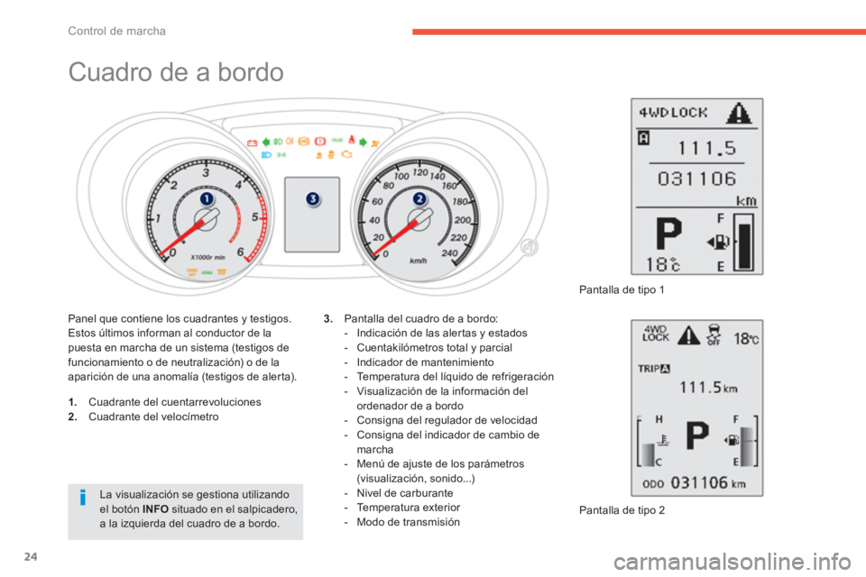 PEUGEOT 4008 2012  Manual del propietario (in Spanish) 24
Control de marcha
   
 
 
 
 
 
 
 
 
 
 
 
 
 
 
 
 
Cuadro de a bordo 
1. 
 Cuadrante del cuentarrevoluciones 2. 
 Cuadrante del velocímetro 
  Pantalla de tipo 2
3. 
 Pantalla del cuadro de a b