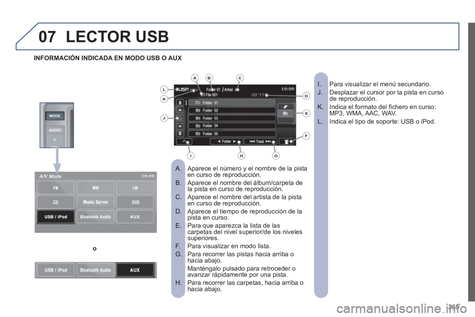 PEUGEOT 4008 2012  Manual del propietario (in Spanish) 265
07LECTOR USB 
Aparece el número y el nombre de la pista    
 
 
A.  en curso de reproducción.
Aparece el nombre del álbum/carpeta deB.  la pista en curso de reproducción. 
Aparece el nombre de