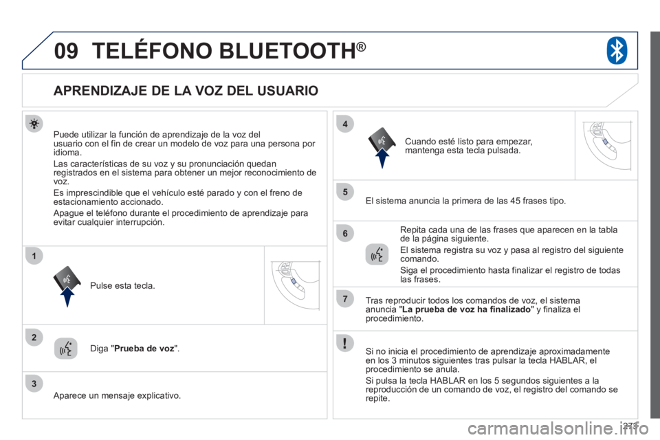 PEUGEOT 4008 2012  Manual del propietario (in Spanish) 273
09
2
3
1
4
5
6
7
TELÉFONO BLUETOOTH® 
   
 
 
 
 
 
 
 
 
 
 
 
 
 
APRENDIZAJE DE LA VOZ DEL USUARIO 
Puede utilizar la función de aprendizaje de la voz delusuario con el fin de crear un model