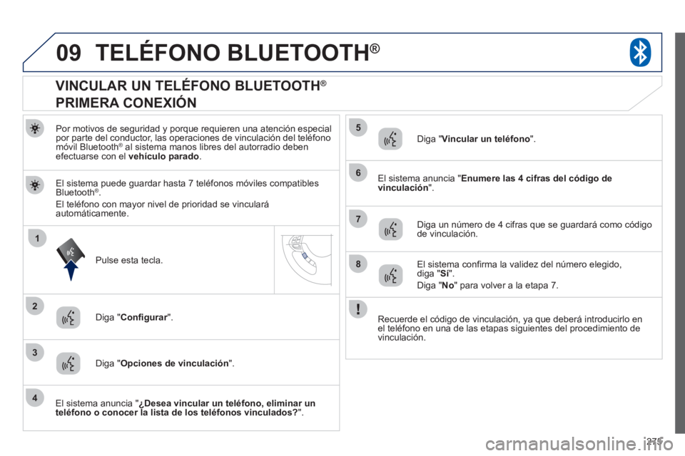 PEUGEOT 4008 2012  Manual del propietario (in Spanish) 275
09
1
3
6
8
2
5
7
4
TELÉFONO BLUETOOTH® 
Por motivos de seguridad y porque requieren una atención especial 
por parte del conductor, las operaciones de vinculación del teléfono 
móvil Bluetoo