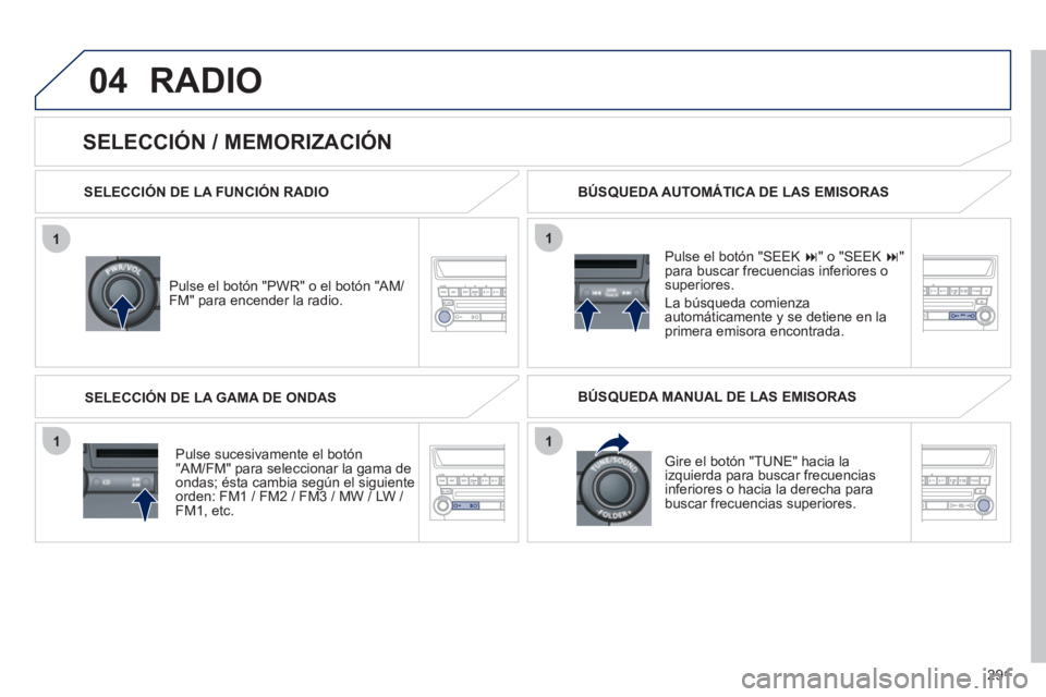 PEUGEOT 4008 2012  Manual del propietario (in Spanish) 291
04
1
11
1
RADIO
SELECCIÓN DE LA FUNCIÓN RADIO
   
Pulse el botón "PWR" o el botón "AM
/FM" para encender la radio. 
   
P
ulse sucesivamente el botón "AM/FM" para seleccionar la gama de 
onda