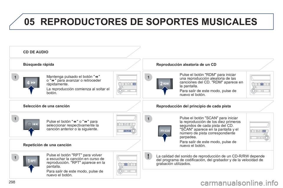 PEUGEOT 4008 2012  Manual del propietario (in Spanish) 298
05
11
1
1
1
REPRODUCTORES DE SOPORTES MUSICALES
  Reproducción aleatoria de un CD  
   
Pulse el botón "RDM" para iniciar 
una reproducción aleatoria de las canciones del CD. "RDM" aparece en l