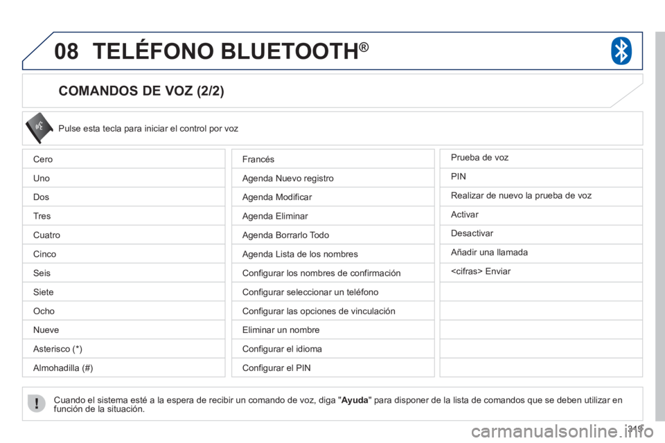 PEUGEOT 4008 2012  Manual del propietario (in Spanish) 319
08TELÉFONO BLUETOOTH®
   
COMANDOS DE VOZ (2/2) 
 
Pulse esta tecla para iniciar el control por voz 
Cuando el sistema esté a la espera de recibir un comando de voz, di
ga "Ayuda" para disponer