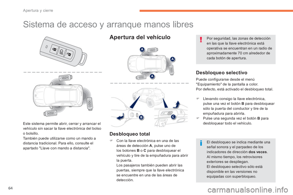 PEUGEOT 4008 2012  Manual del propietario (in Spanish) 64
Apertura y cierre
   
 
 
 
 
 
 
 
 
 
 
 
 
 
 
 
 
 
 
 
 
 
 
Sistema de acceso y arranque manos libres 
 
 Desbloqueo selectivo 
 
Puede configurarse desde el menú"Equipamiento" de la pantall