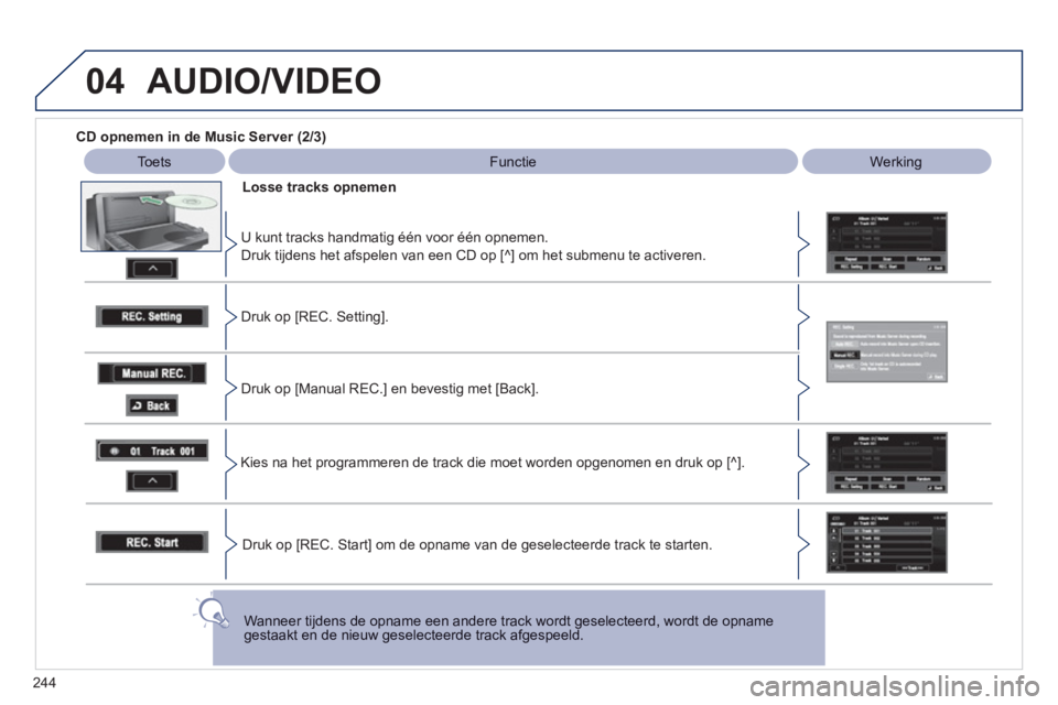 PEUGEOT 4008 2012  Instructieboekje (in Dutch) 244
04  AUDIO/VIDEO
 
 
CD opnemen in de Music Server (2/3)
 
 
Toets 
 FunctieWerking 
 
Losse tracks o
pnemen  
   
U kunt tracks handmati
g één voor één opnemen.
  Druk ti
jdens het afspelen va