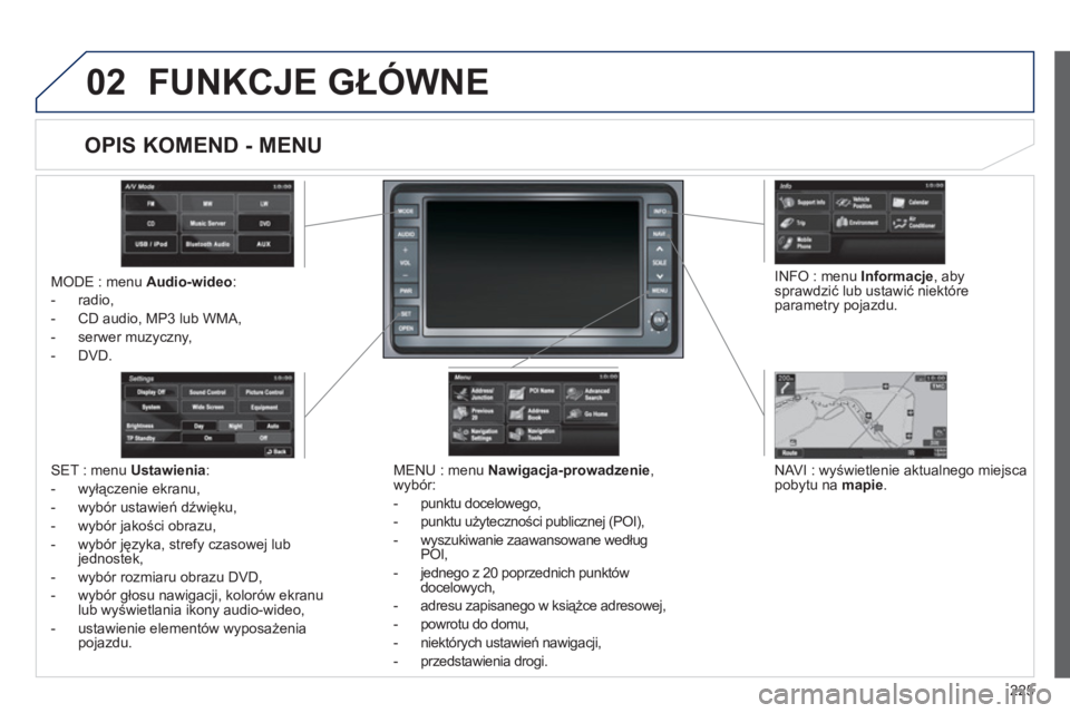 PEUGEOT 4008 2012  Instrukcja obsługi (in Polish) 225
02FUNKCJE GŁÓWNE 
MODE : menu  Audio-wideo :
-  radio, 
-  
CD audio, MP3 lub WMA,
-  serwer muz
yczny, 
-
DVD.
MENU : menu Nawigacja-prowadzenie, 
wybór: 
-  pun
ktu docelowego,
-  punktu uż
