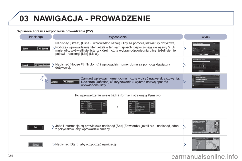 PEUGEOT 4008 2012  Instrukcja obsługi (in Polish) 234
03
   
Wpisanie adresu i rozpoczęcie prowadzenia (2/2)
Nacisnąć 
 WyjaśnieniaWynik 
 
   
Nacisnąć [
Street] (Ulica) i wprowadzić nazwę ulicy za pomocą klawiatury dotykowej.
  Podczas wpr