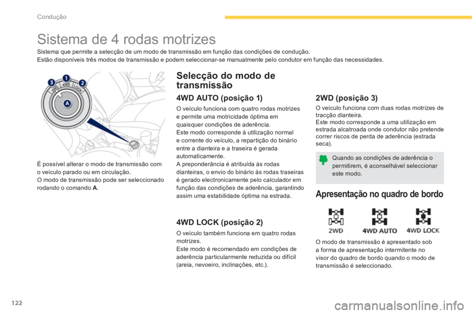 PEUGEOT 4008 2012 Manual de utilização (in Portuguese) 122
Condução
Sistema de 4 rodas motrizes
Sistema que permite a selecção de um modo de transmissão em função das condições de condução.
Estão disponíveis três modos de trans PEUGEOT 4008 2012 Manual de utilização (in Portuguese) 122
Condução
Sistema de 4 rodas motrizes
Sistema que permite a selecção de um modo de transmissão em função das condições de condução.
Estão disponíveis três modos de trans