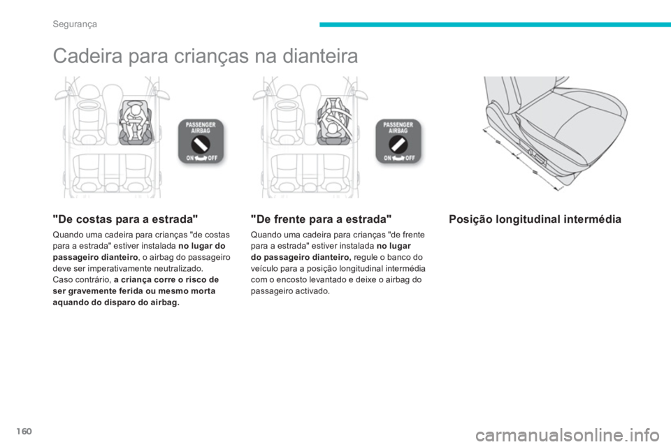 PEUGEOT 4008 2012  Manual de utilização (in Portuguese) 160
Segurança
  Cadeira para crianças na dianteira  
"De costas para a estrada"
Quando uma cadeira para crianças "de costas para a estrada" estiver instalada  no lugar do passageiro dianteiro 
, o 