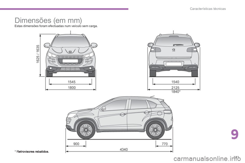 PEUGEOT 4008 2012  Manual de utilização (in Portuguese) 9
221
Características técnicas
   
 
 
 
Dimensões (em mm)  
Estas dimensões foram efectuadas num veículo sem carga.
* R 