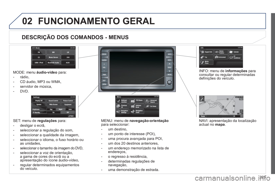 PEUGEOT 4008 2012  Manual de utilização (in Portuguese) 225
02FUNCIONAMENTO GERAL
MODE: menu  áudio-vídeopara: 
-  rádio, 
-  
CD áudio, MP3 ou WMA, 
-   servidor de música, 
-
DVD.
MENU: menu de  navegação-orientaçãopara seleccionar: 
-  um 
dest