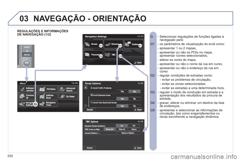 PEUGEOT 4008 2012  Manual de utilização (in Portuguese) 230
03
   
REGULAÇÕES E INFORMAÇÕES DE NAVEGAÇÃO (1/2)   Ç
-  Seleccionar regulações de funções ligadas à G navegação para:
- os parâmetros de visualização do ecrã como: G1  
- apres
