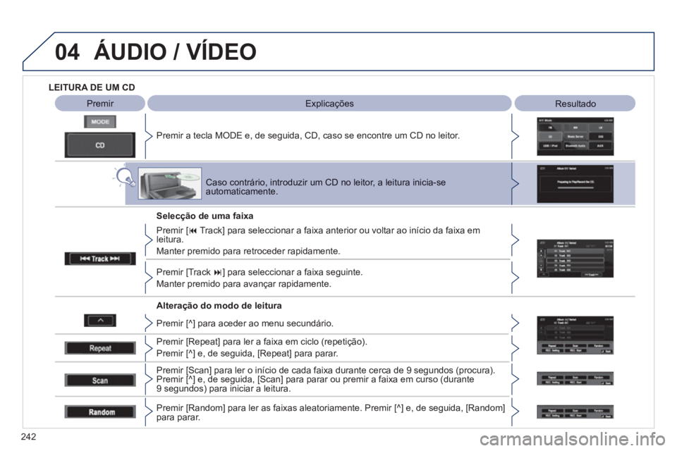 PEUGEOT 4008 2012  Manual de utilização (in Portuguese) 242
04  ÁUDIO / VÍDEO
LEITURA DE UM CD  
   
Premir a tecla M
ODE e, de seguida, CD, caso se encontre um CD no leitor.  
 
 
Premir   
Explicações 
 Resultado 
 
 
 
Caso contrário, introduzir um