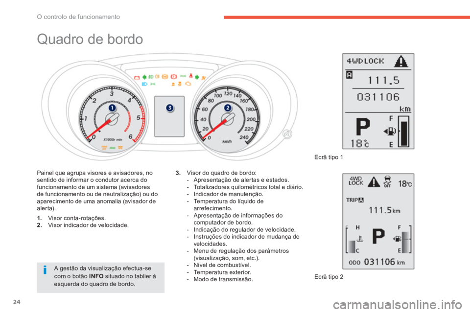 PEUGEOT 4008 2012  Manual de utilização (in Portuguese) 24
O controlo de funcionamento
   
 
 
 
 
 
 
 
 
 
 
 
 
 
 
 
 
Quadro de bordo 
1. 
 Visor conta-rotações.2. 
 Visor indicador de velocidade. 
  Ecrã tipo 2  
3. 
 Visor do quadro de bordo:
   