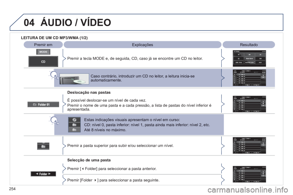 PEUGEOT 4008 2012  Manual de utilização (in Portuguese) 254
04ÁUDIO / VÍDEO
   
 
LEITURA DE UM CD MP3/WMA (1/2)
 
 
Premir emExplicações  Resultado
Premir a tecla MODE e, de seguida, CD, caso já se encontre um CD no leitor.  
Desloca
ção nas pastas