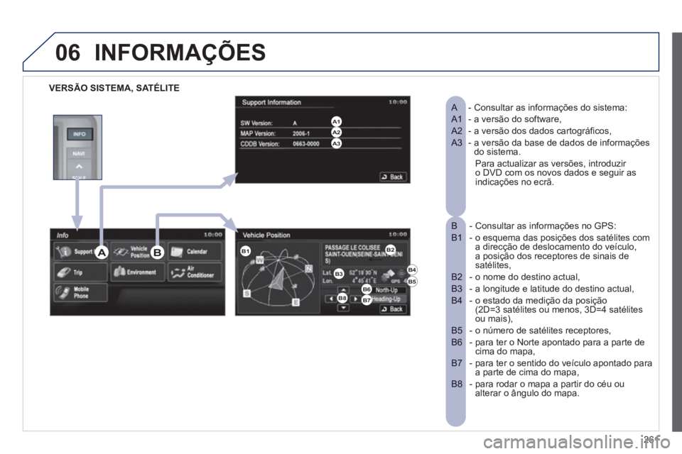 PEUGEOT 4008 2012  Manual de utilização (in Portuguese) 261
06INFORMAÇÕES
VERSÃO SISTEMA, SATÉLITE
- Consultar as informações do sistema:   
A 
- a versão do software,   A1 
- a versão dos dados cartográficos,  A2 
-  a versão da base de dados de
