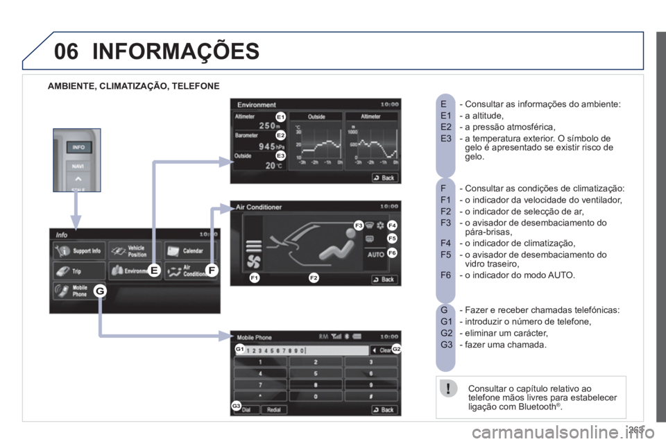 PEUGEOT 4008 2012  Manual de utilização (in Portuguese) 263
06INFORMAÇÕES
   
AMBIENTE, CLIMATIZAÇÃO, TELEFONE 
- Consultar as condições de climatização:F 
- o indicador da velocidade do ventilador, F1 
- o indicador de selecção de ar, F2 
-  o a