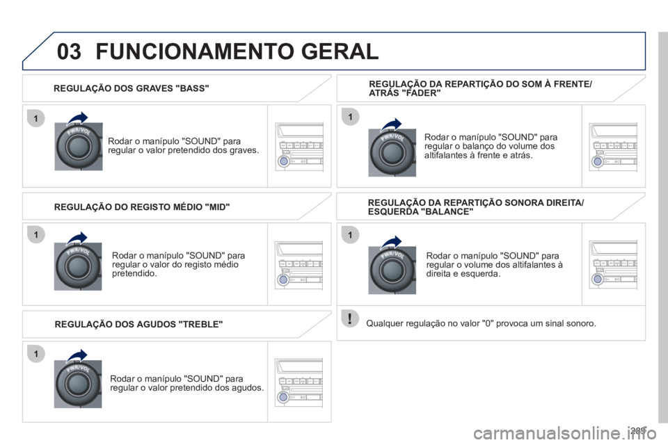 PEUGEOT 4008 2012  Manual de utilização (in Portuguese) 289
1
03
1
1
1
1
REGULAÇÃO DOS GRAVES "BASS"  
   
Rodar o manípulo "
SOUND" pararegular o valor pretendido dos graves.  
FUNCIONAMENTO GERAL
 
 
Rodar o manípulo "SOUND" pararegular o valor do re