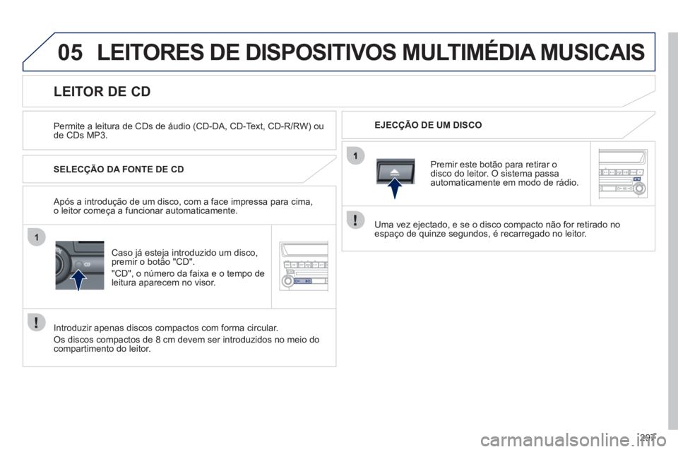 PEUGEOT 4008 2012  Manual de utilização (in Portuguese) 297
05
1
LEITORES DE DISPOSITIVOS MULTIMÉDIA MUSICAIS 
   
Permite a leitura de CDs de áudio (CD-DA, CD-Text, CD-R/RW) oude CDs MP3.     
EJECÇÃO DE UM DISCO  
 
 
 
 
 
 
 
 
 
 
 
 
 
 
 
 
LEIT