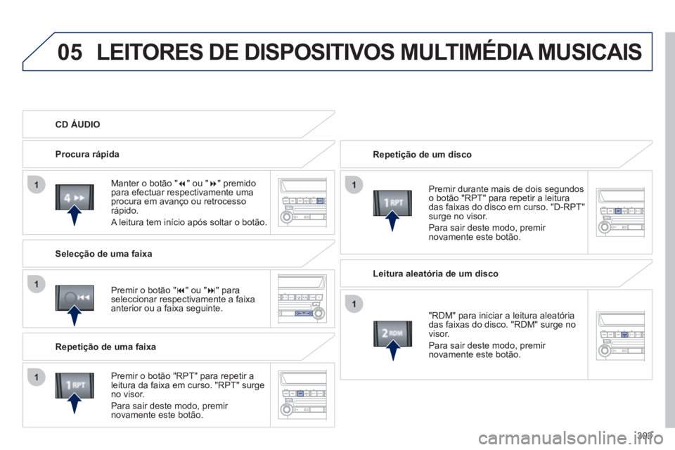 PEUGEOT 4008 2012  Manual de utilização (in Portuguese) 303
05
11
1
1
1
LEITORES DE DISPOSITIVOS MULTIMÉDIA MUSICAIS 
 Repetição de um disco
   
Premir durante mais de dois segundos 
o botão "RPT" para repetir a leituradas faixas do disco em curso. "D-